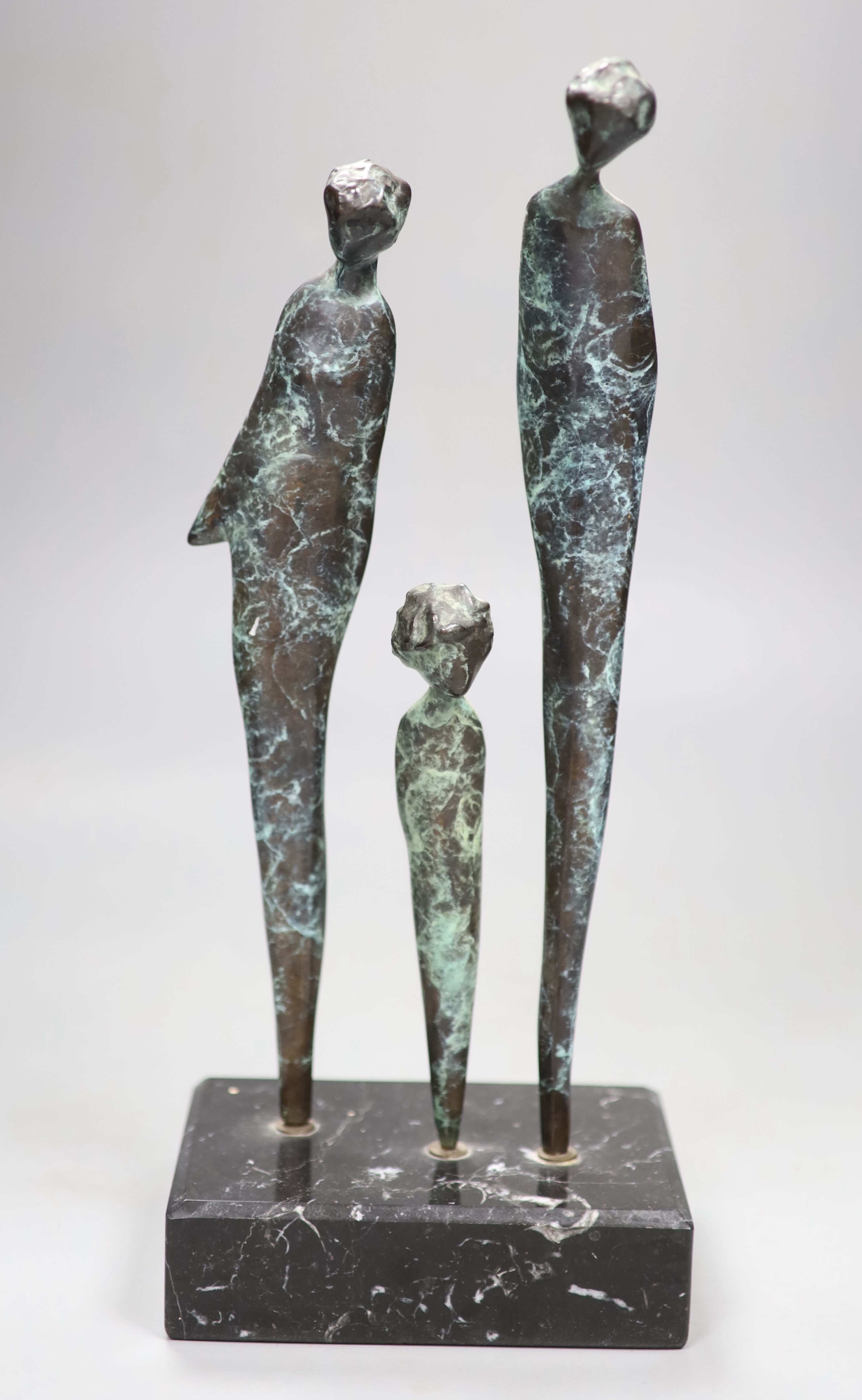 Jill Cowie Sanders (modern British) A patinated bronze, three female forms on marble plinth, height 32cm